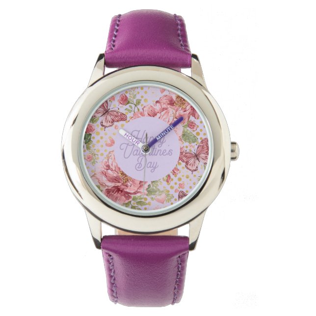 Valentine Days,Elegant,Purple Peach Flowers Patter Watch (Front)