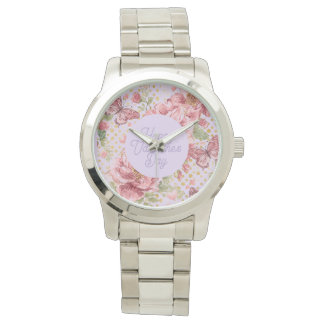 Valentine Days,Elegant,Purple Peach Flowers Patter Watch