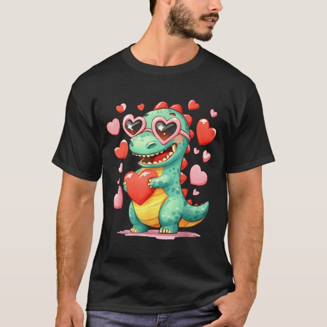 Valentine Dinosaur Trex Holding Heart Girl Sunl Bo T-Shirt (Front)
