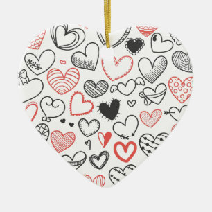 Valentine doodle hearts red and black hipster ceramic ornament
