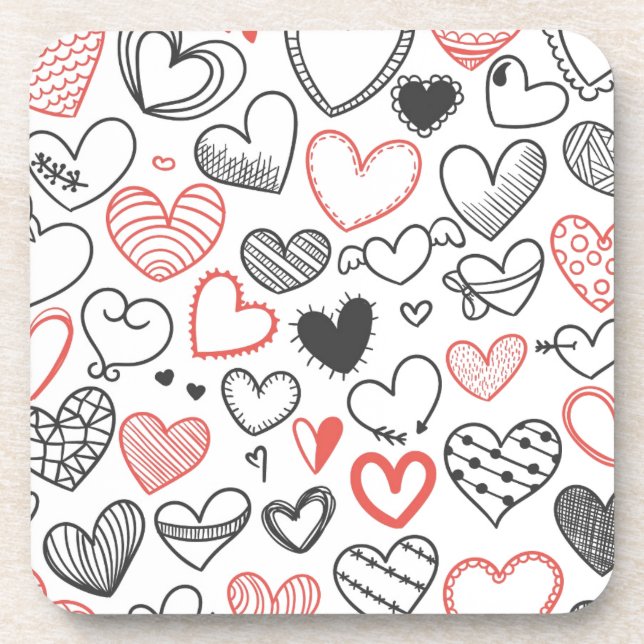 Valentine doodle hearts red and black hipster coaster (Front)