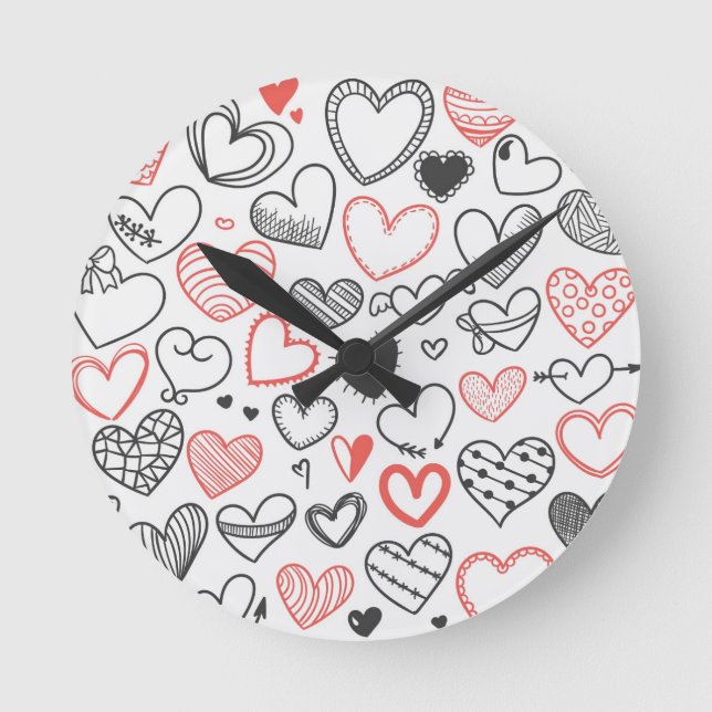 Valentine doodle hearts red and black hipster round clock (Front)