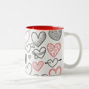 Valentine doodle hearts red and black hipster Two-Tone coffee mug