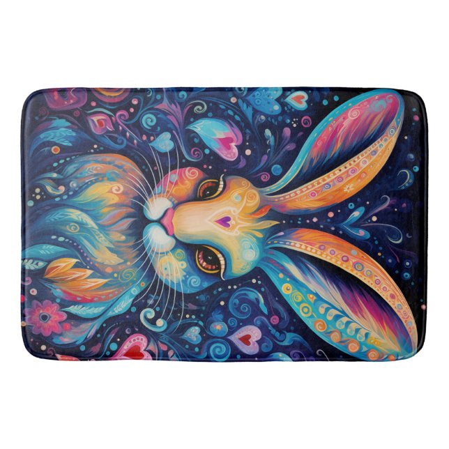 Valentine Dream Hearts: Rainbow Doodle Bunny Bath Mat (Front)