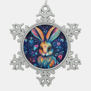 Valentine Dream Hearts: Rainbow Doodle Bunny Snowflake Pewter Christmas Ornament