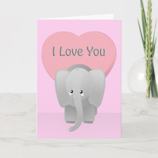 Valentine Elephant Love You Big Pink Greeting Holiday Card (Front)