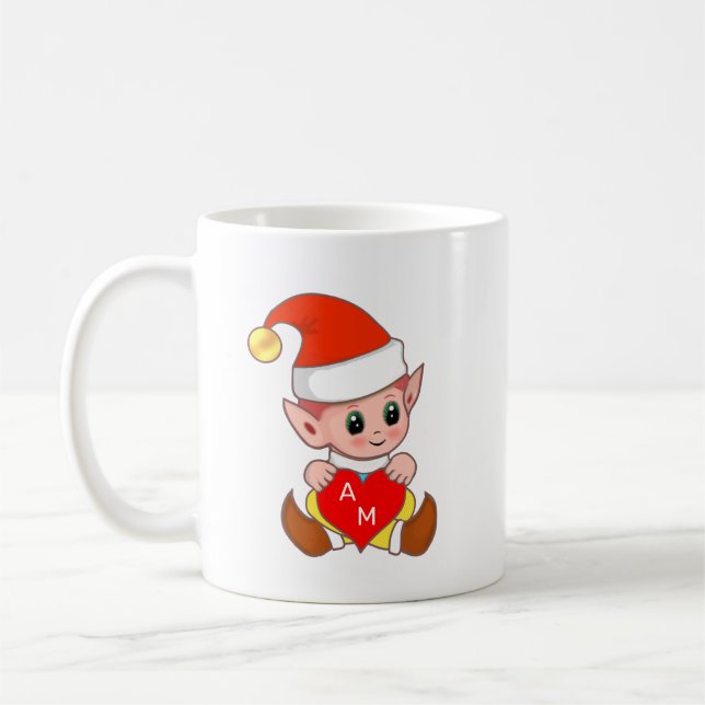 Valentine Elf with Heart & Monogram Coffee Mug (Left)