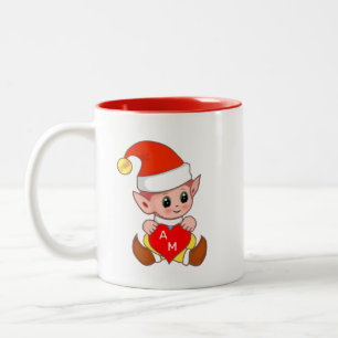 Valentine Elf with Heart & Monogram Two-Tone Coffee Mug