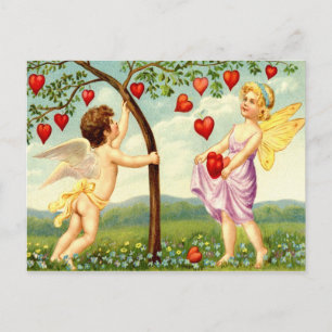 Valentine Fairy and Cherub Gathering Hearts Holiday Postcard