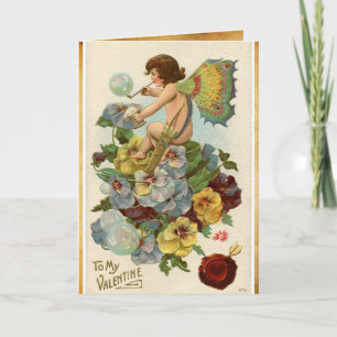 VALENTINE FAIRY BLOWING BUBBLES,PANSIES,WAX SEAL HOLIDAY CARD