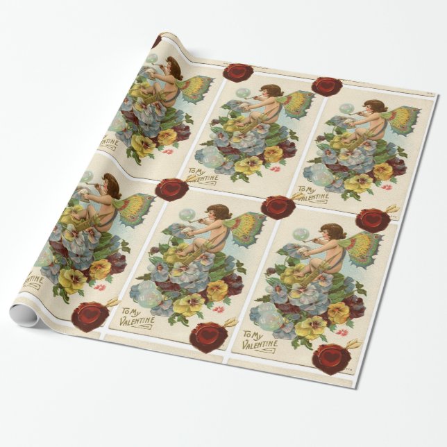 VALENTINE FAIRY BLOWING BUBBLES,PANSIES,WAX SEAL WRAPPING PAPER (Unrolled)
