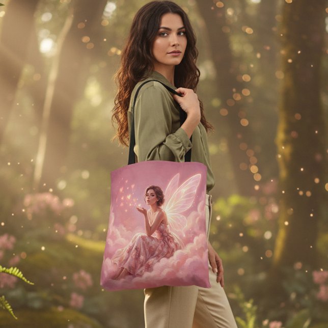 Valentine Fairy on Pink Clouds Fantasy Art Tote Bag (Creator Uploaded)