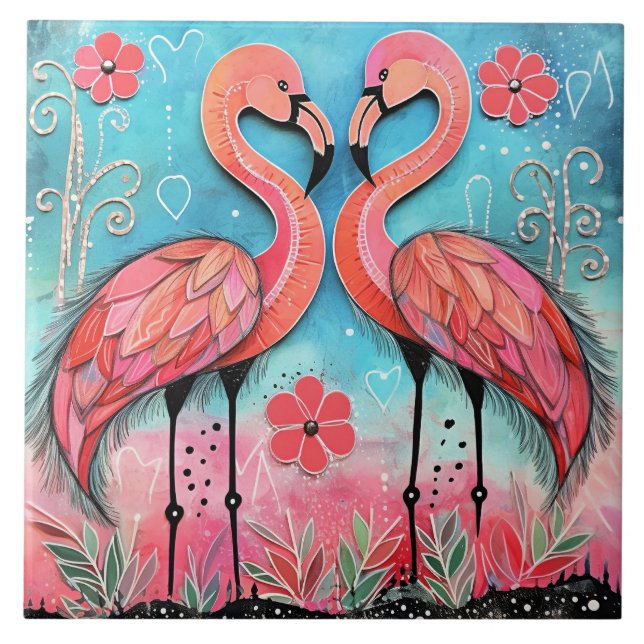 Valentine Flamingo Art Ceramic Tile (Front)