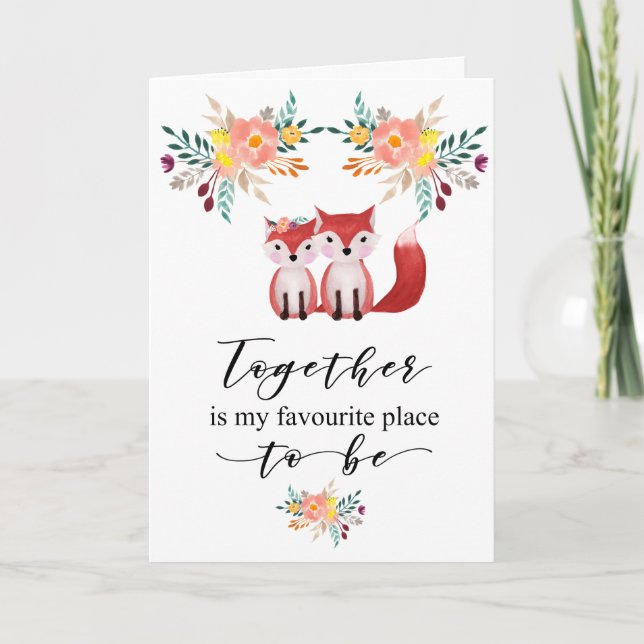 Valentine Floral Cute Foxes Together Holiday Card (Front)