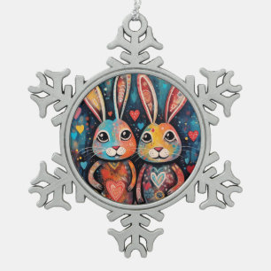 Valentine Friends Bunnies long ears hearts Snowflake Pewter Christmas Ornament