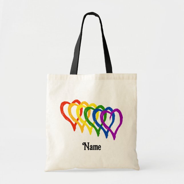 Valentine Gay Pride Rainbow Flag Hearts Customised Tote Bag (Front)