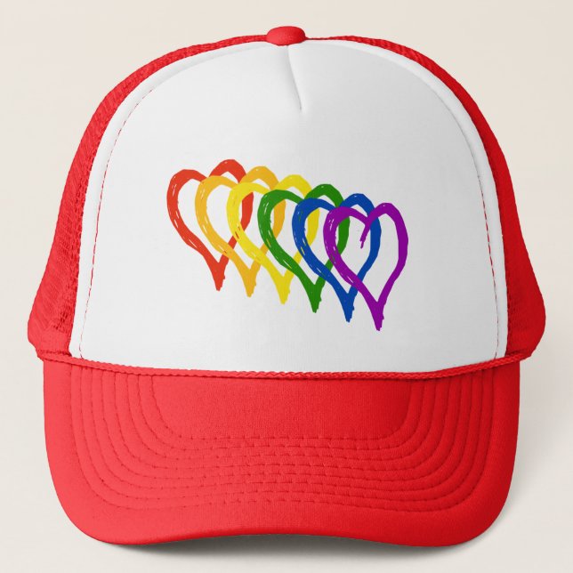 Valentine Gay Pride Rainbow Layered Hearts Trucker Hat (Front)