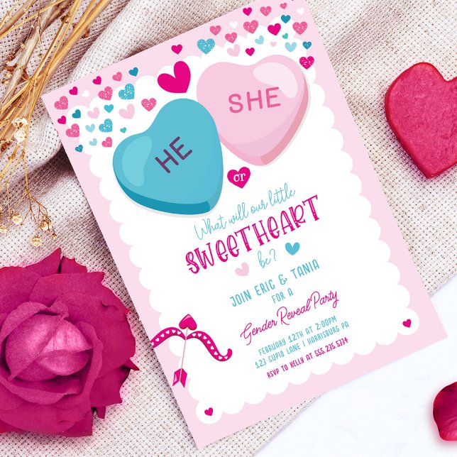 Valentine Gender Reveal Sweetheart He or She Invitation (he or She Valentine gender reveal invitation)