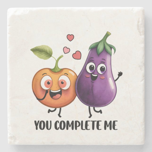 Valentine Gift Eggplant You Complete Me Stone Coaster (Front)