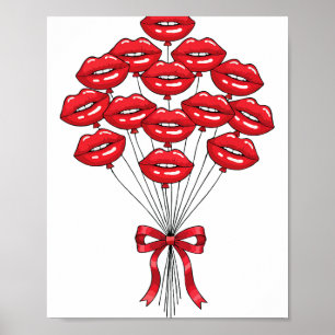 Valentine Glossy Red Lips Kiss Lloons Flower Bouqu Poster