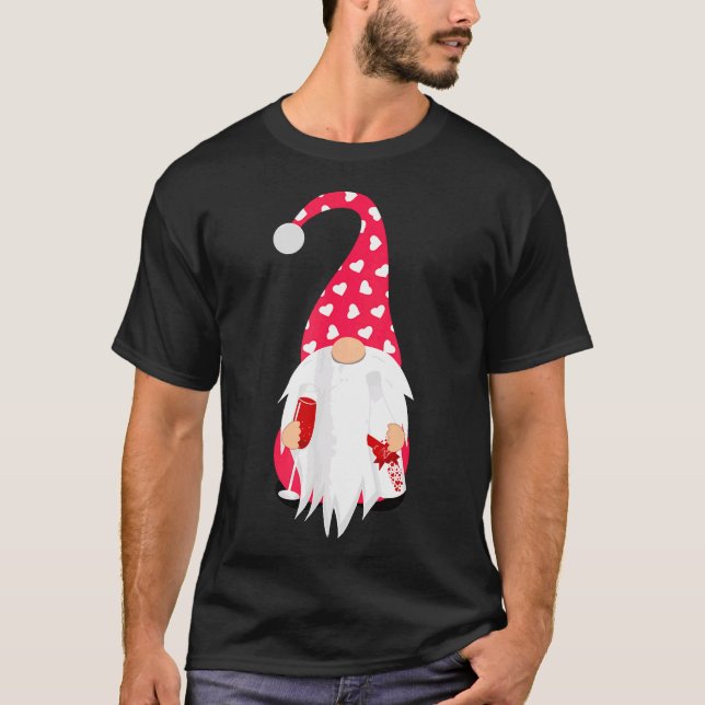 Valentine Gnome Drinking Wine Gnome Wine Bottle Wi T-Shirt (Front)
