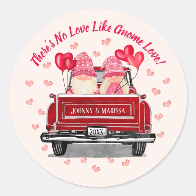 Valentine Gnome Love Pink Hearts Names Classic Round Sticker (Front)
