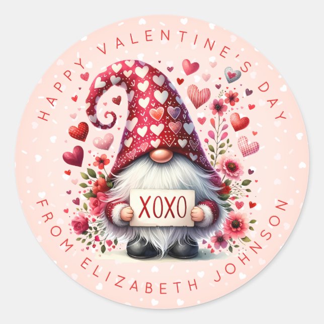 Valentine Gnome Personalised Name Round Stickers (Front)