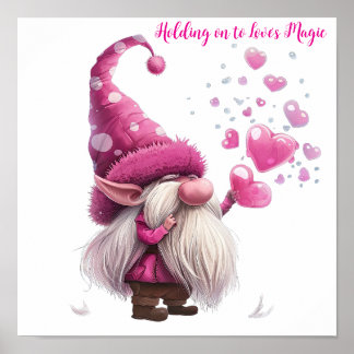 Valentine Gnome with Pink Heart Balloons Poster