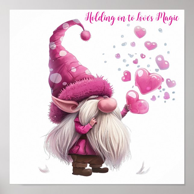 Valentine Gnome with Pink Heart Balloons Poster (Front)