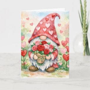 Valentine Gnome with Red Roses Card