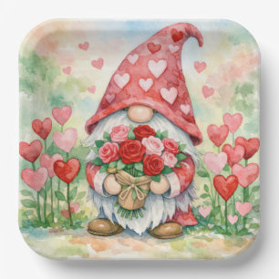 Valentine Gnome with Red Roses Paper Plate
