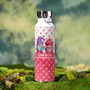 Valentine Gnomes and Heart Patterns Personalised Water Bottle