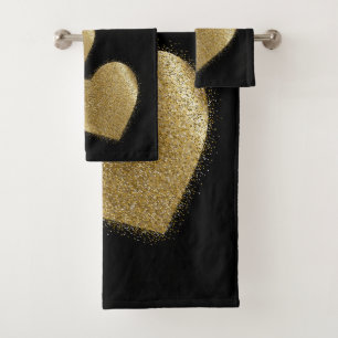 Valentine Gold Glitter Heart Bath Towel Set