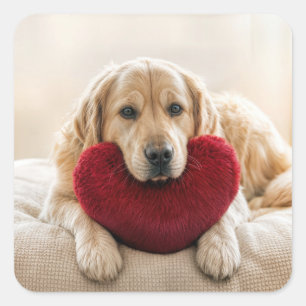 Valentine Golden Retriever with Heart Pillow Square Sticker