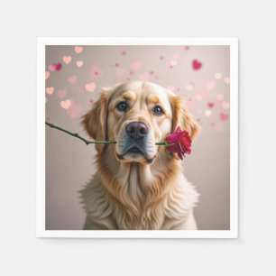Valentine Golden Retriever With Red Rose Napkin