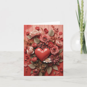 Valentine Heart and Flowers on Red Fence Holiday Card