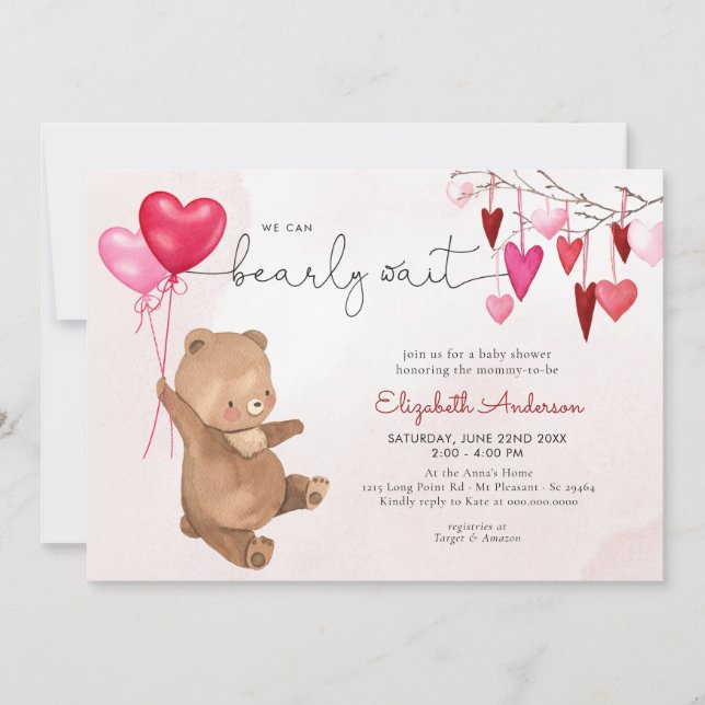 Valentine Heart Bear Balloon Pink Girl Baby Shower Invitation (Front)