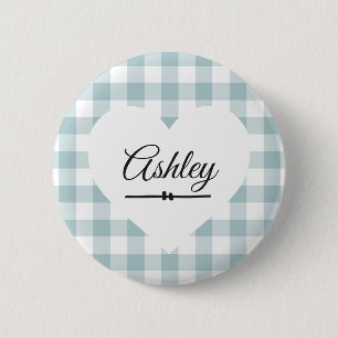 Valentine Heart Blue Gingham Name Monogram 6 Cm Round Badge
