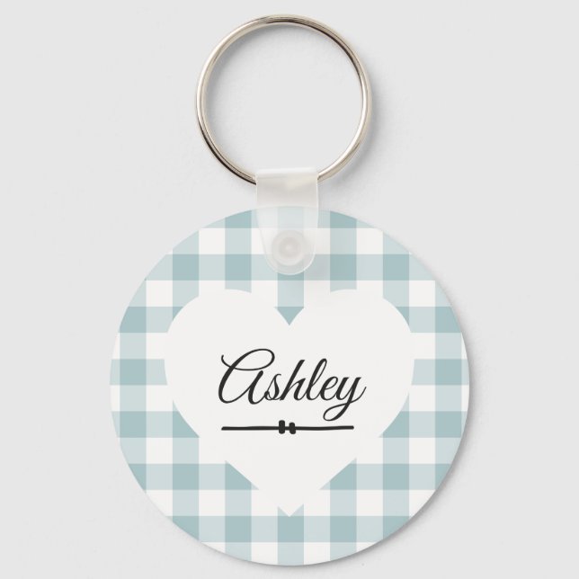Valentine Heart Blue Gingham Name Monogram Key Ring (Front)
