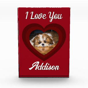Valentine heart dog love Custom photo name on red Block