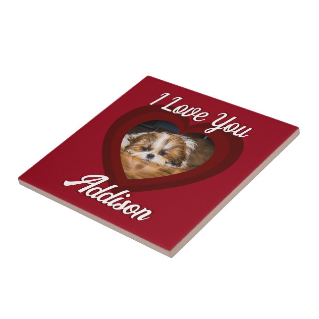 Valentine heart dog love Custom photo name on red Ceramic Tile (Side)