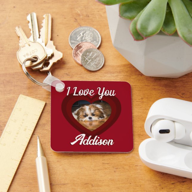 Valentine heart dog love Custom photo name on red Key Ring (Desk)