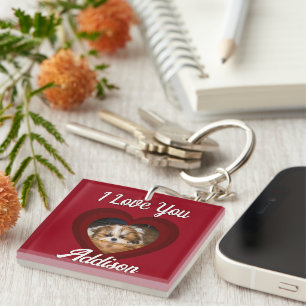 Valentine heart dog love Custom photo name on red Key Ring