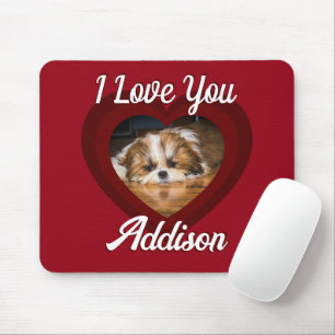 Valentine heart dog love Custom photo name on red Mouse Pad