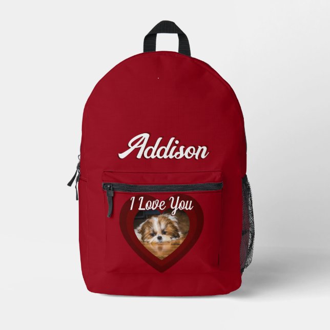 Valentine heart dog love Custom photo name on red Printed Backpack (Front)