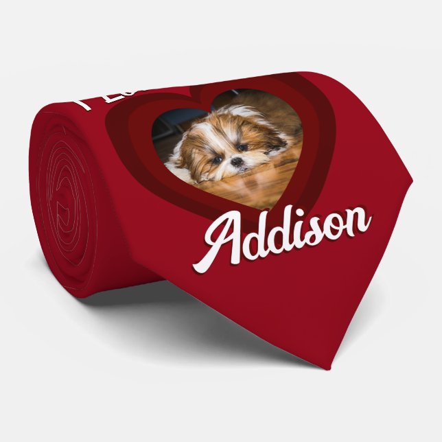 Valentine heart dog love Custom photo name on red Tie (Rolled)