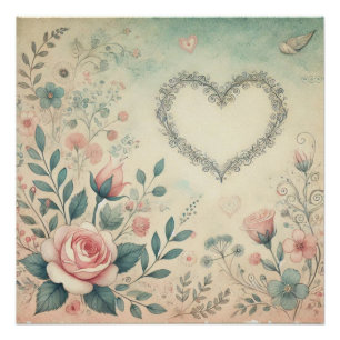 Valentine heart floral vintage pastel watercolor  poster