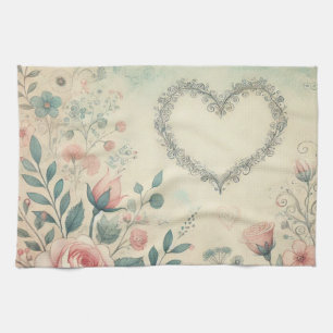 Valentine heart floral vintage pastel watercolor  tea towel