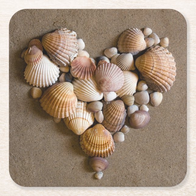 Valentine Heart Made with Shells Square Paper Coaster (Front)