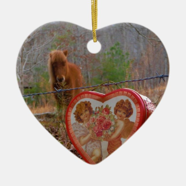Valentine Heart  Miniature brown Horse Ceramic Tree Decoration (Front)